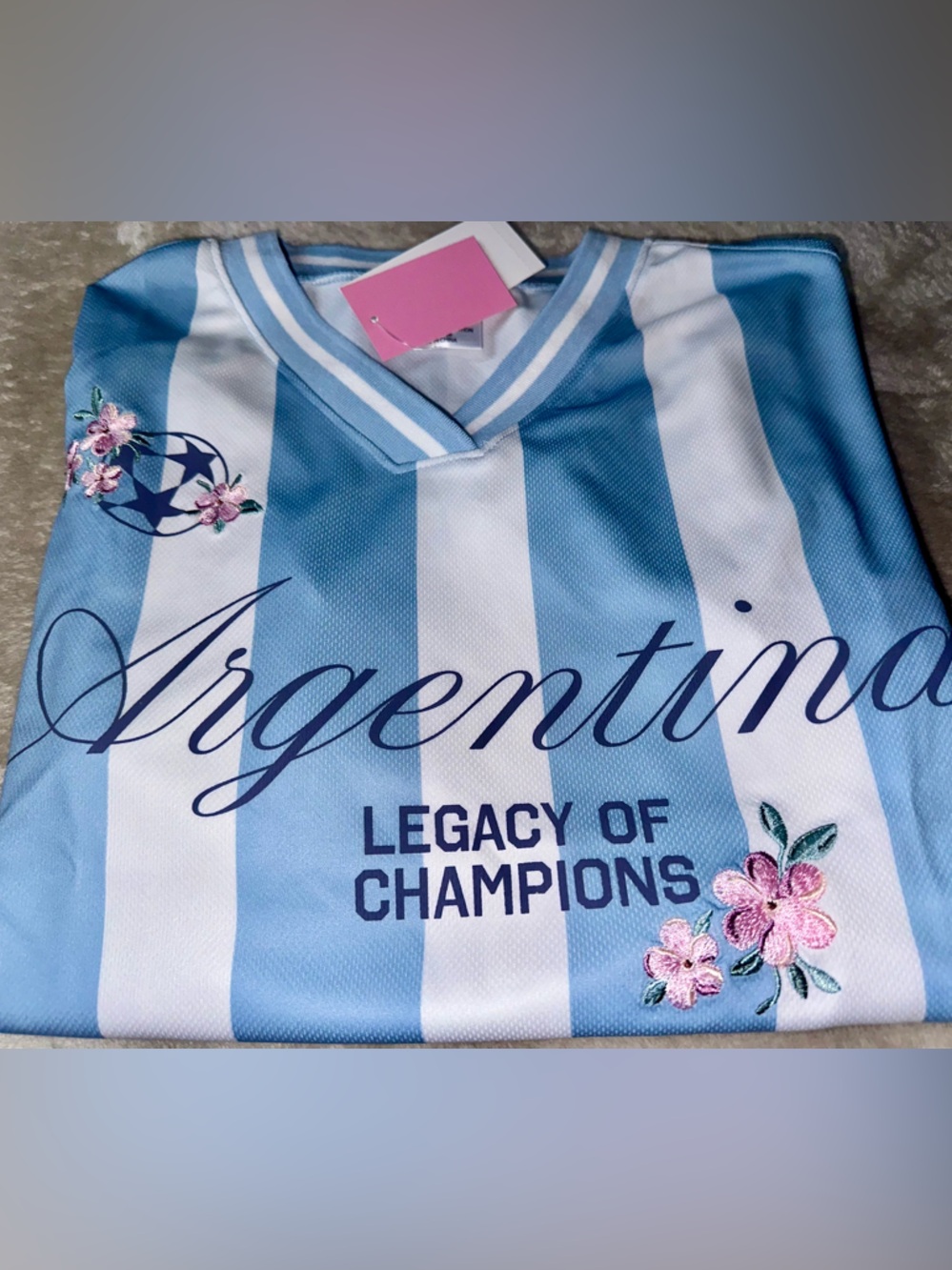 💞Argentina Women's Light Blue & White Striped Jerseys  with Floral Embroidery